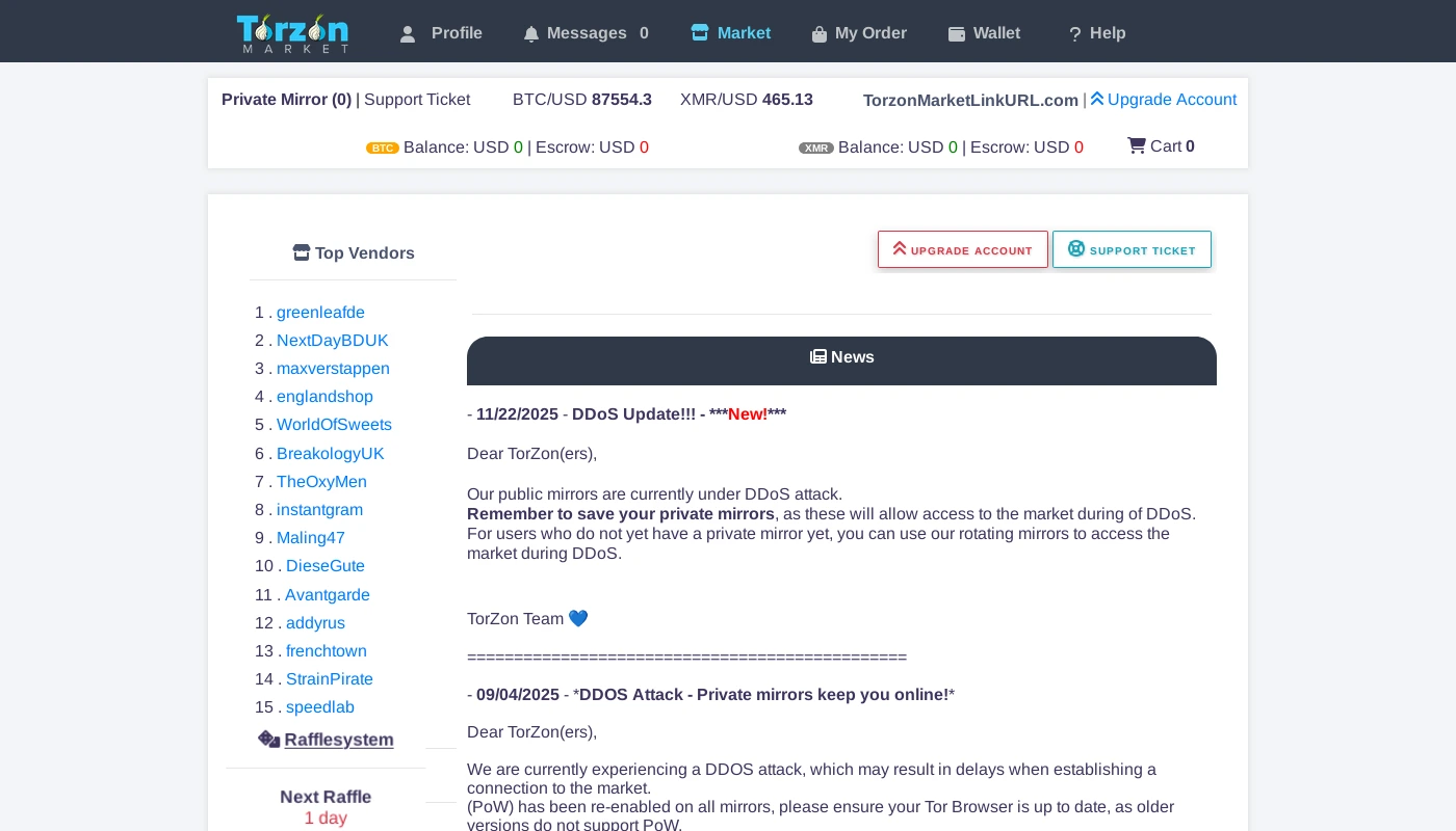 Torzon Market home with categories and secure login options.